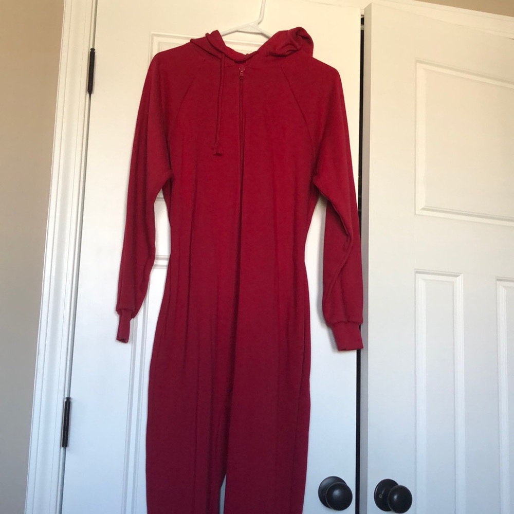 Women’s read footed onesie pajamas.